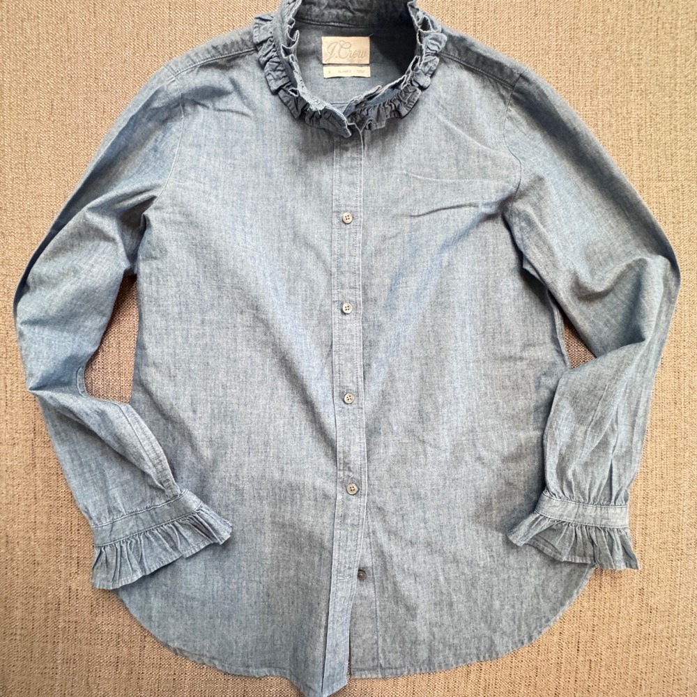 J.Crew Womens Classic Chambray Ruffle Collar Button Down Shirt Blue Size 2